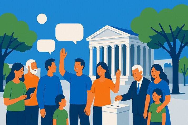 Des habitants réunis devant la Maison Carrée pour débattre et voter